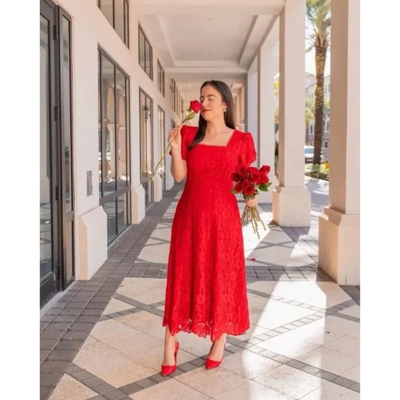 VGUC Rachel Parcell RP Red Lace Fit & Flare Cocktail Holidays Midi Dress XS - Picture 7 of 13